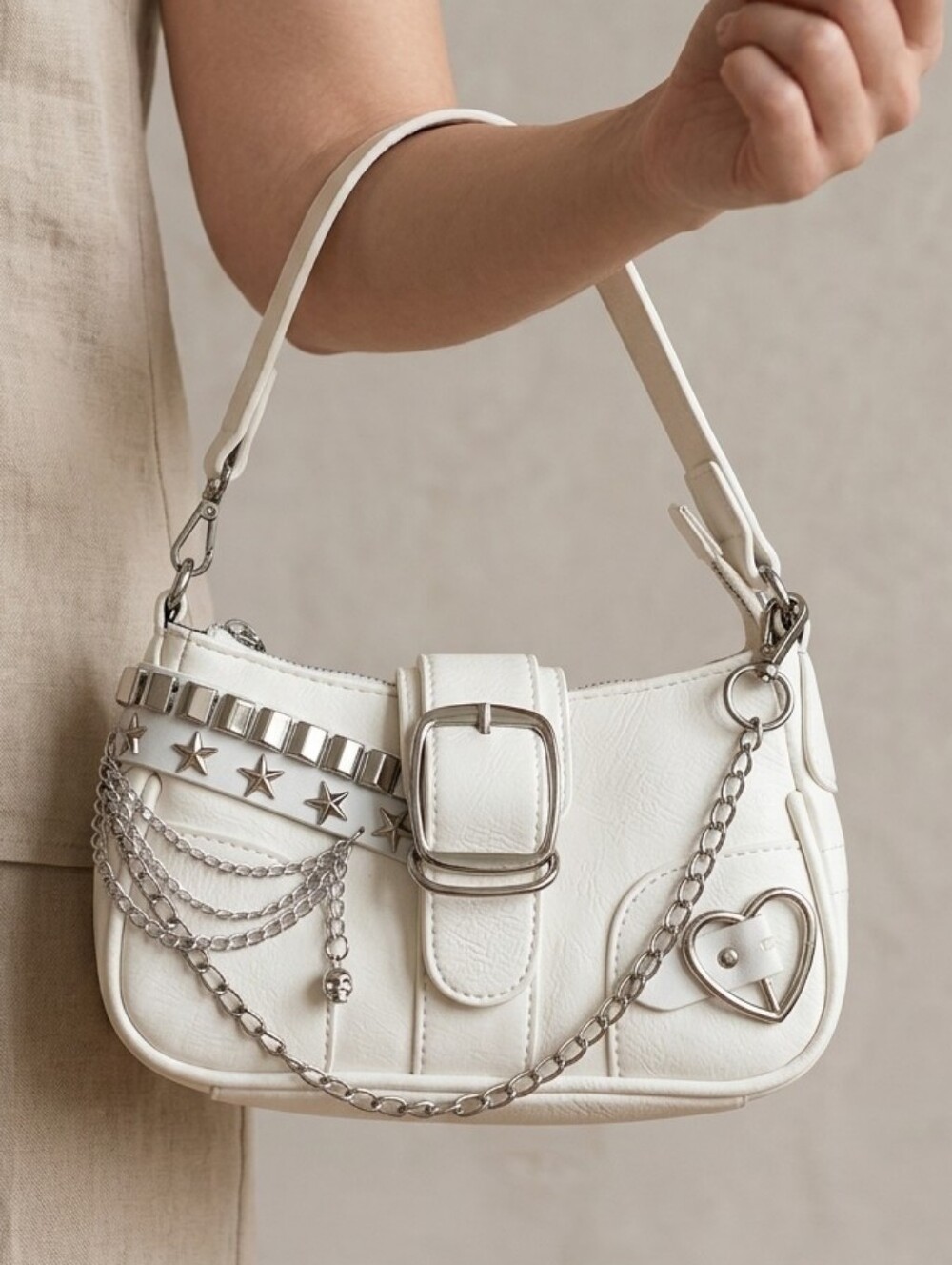 Cottagecore Punk Ivory Vegan Leather Bag ✩ Star & Heart Chain Detail